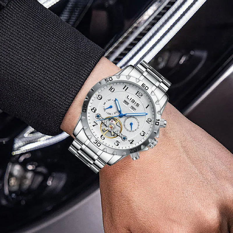 Men's silver stainless steel automatic perpetual calendar mechanical watch with sapphire crystal glass