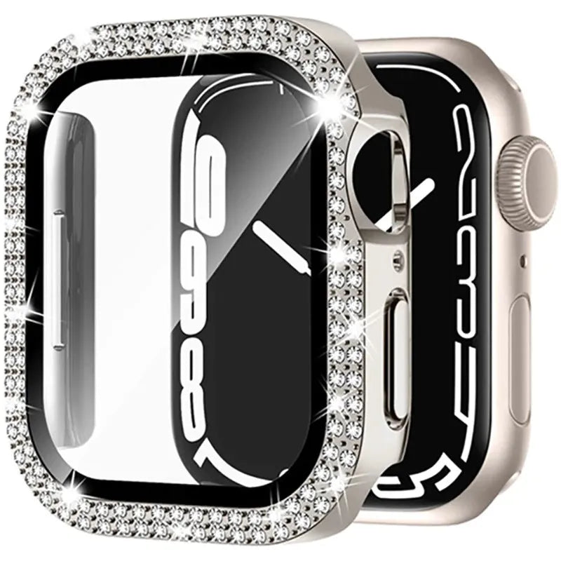 Apple Watch case with double diamond glass in rose pink, gold, and silver colour options on a table.