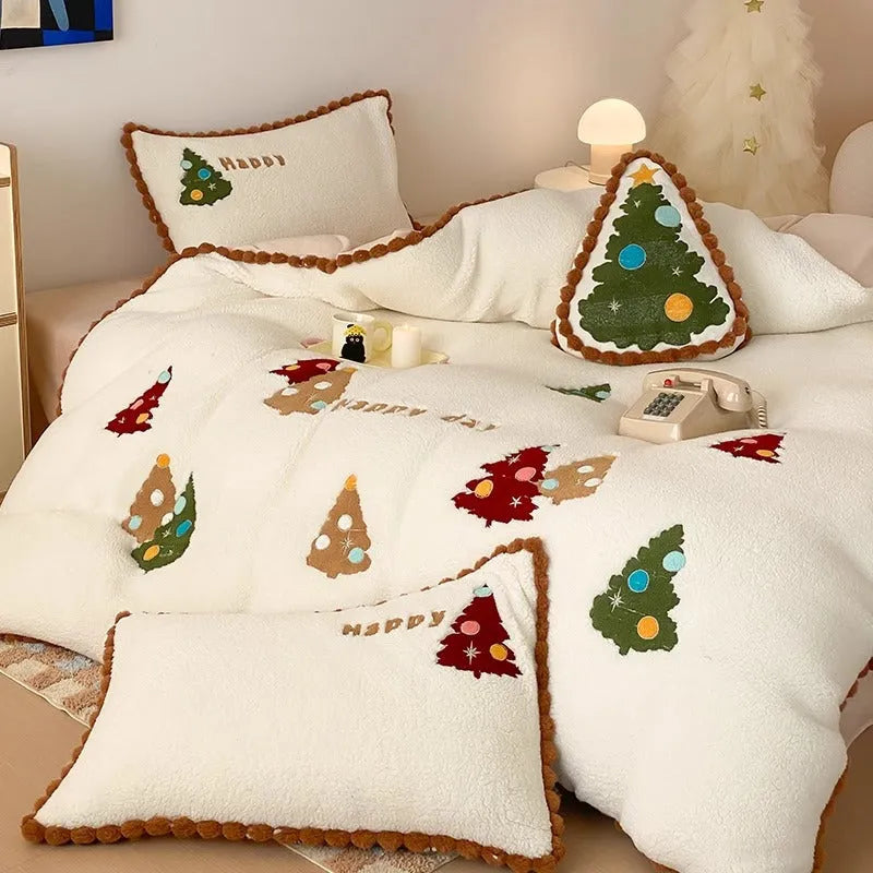Bright yellow fleece-lined four-piece bedding set with a cartoon winter Christmas tree pattern.