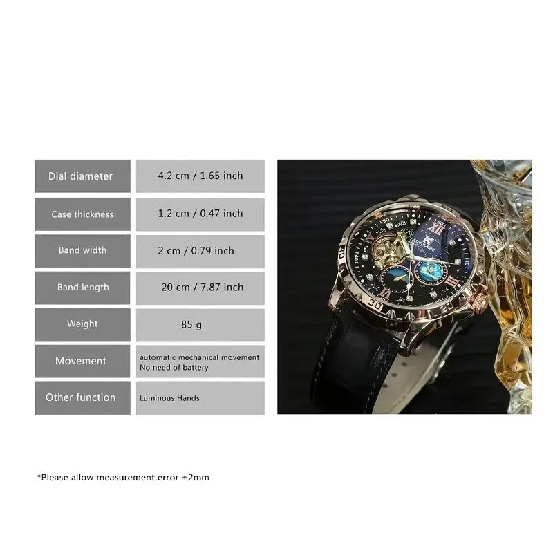 Large dial hollow automatic mechanical watch with rose gold shell black surface and genuine leather strap
