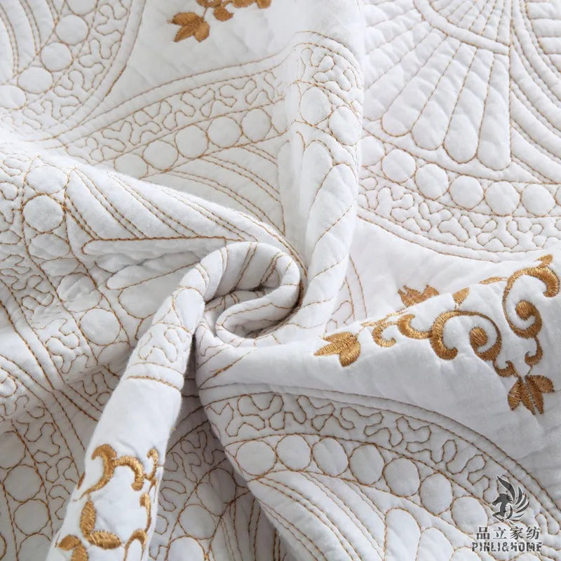 Pure cotton embroidered bed cover three-piece set with pleating details for 1.8 metre beds