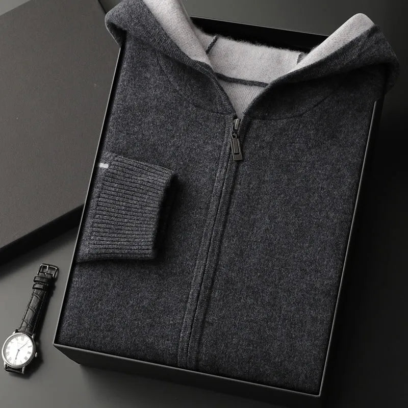 Dark blue men's loose cashmere cardigan with half-high collar and full-length zip.