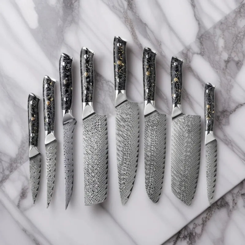 Eight-piece Damascus steel kitchen knife set showing fishbone pattern and different blade sizes