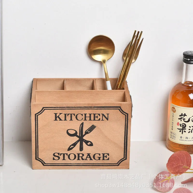 Wooden kitchen storage box with grid divider for knives, forks, and chopsticks