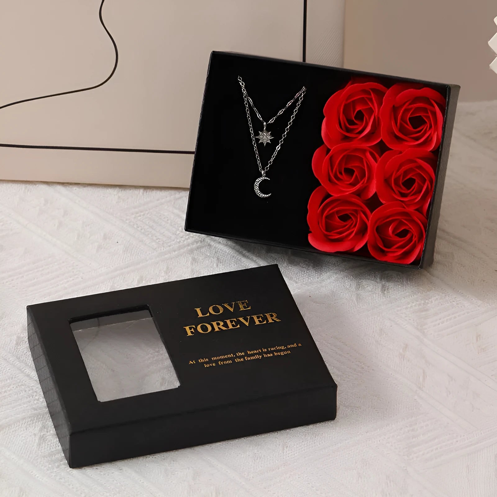 Red soap flower rose gift box set with decorative handbag for Valentine's Day.