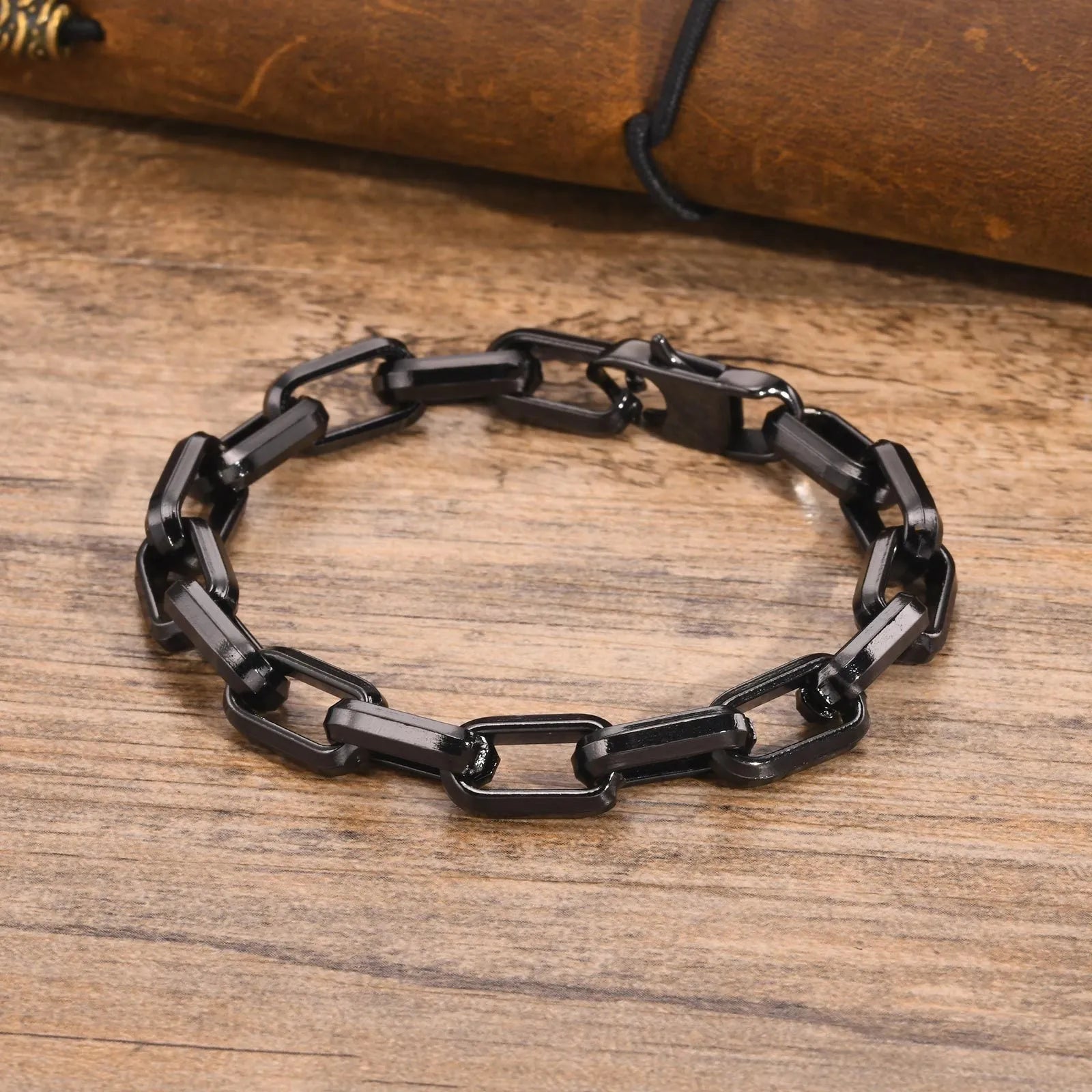 Men's titanium steel bracelet with square chain links in steel, gold, black, or retro colour.