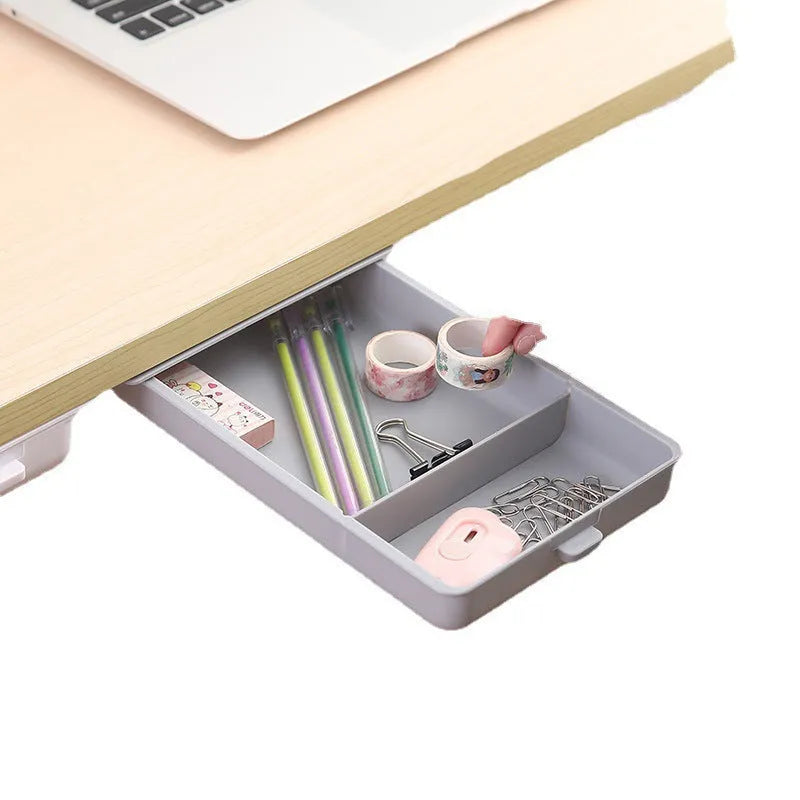 White plastic under table storage box with drawer lid and adhesive base for hidden organisation
