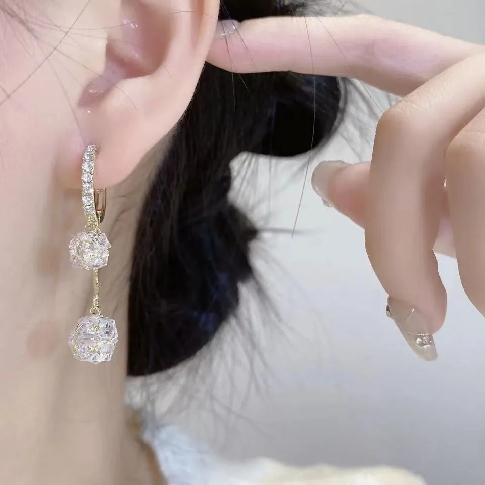 Women's confession balloon earrings with tassel and rhinestone ball pendants in silver colour