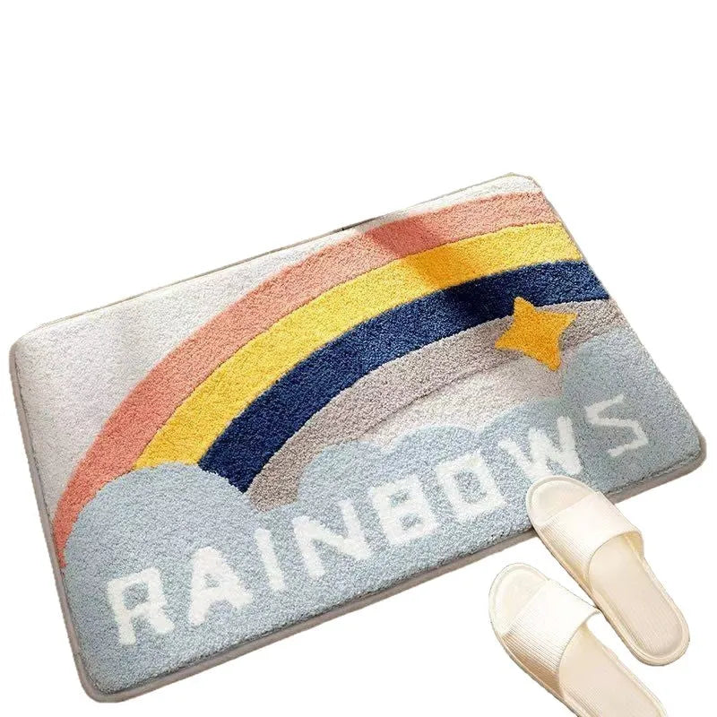 Square rainbow pattern polyester carpet with Sky Sea colours on a dirt-resistant plastic base.