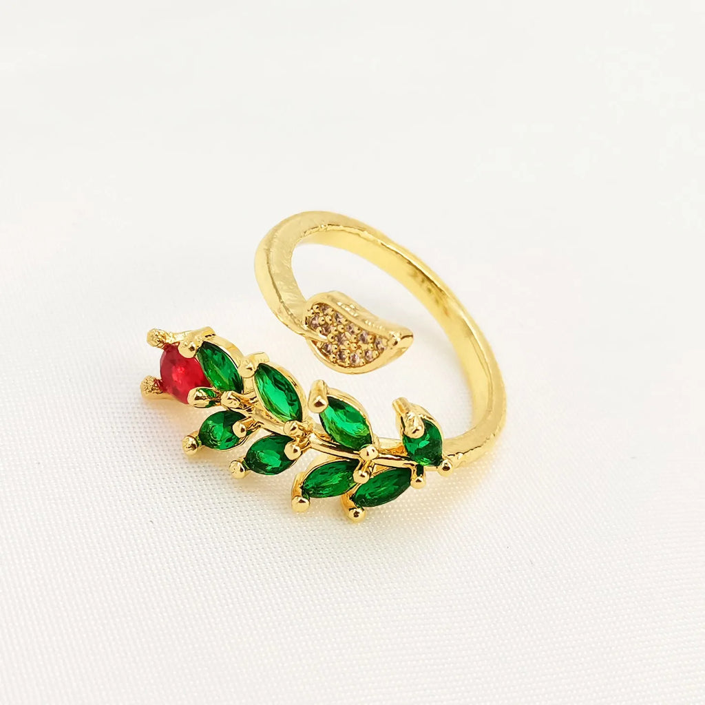 Copper gold plated adjustable ring with micro inlaid leaf design or pink geometric pattern