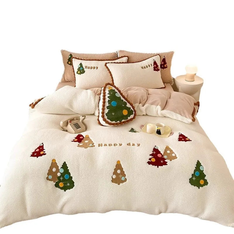 Bright yellow fleece-lined four-piece bedding set with a cartoon winter Christmas tree pattern.