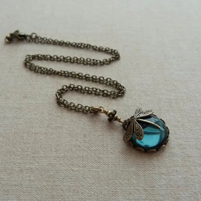 Hand carved dragonfly pendant necklace with 925 silver and vintage bronze yellow colour finish