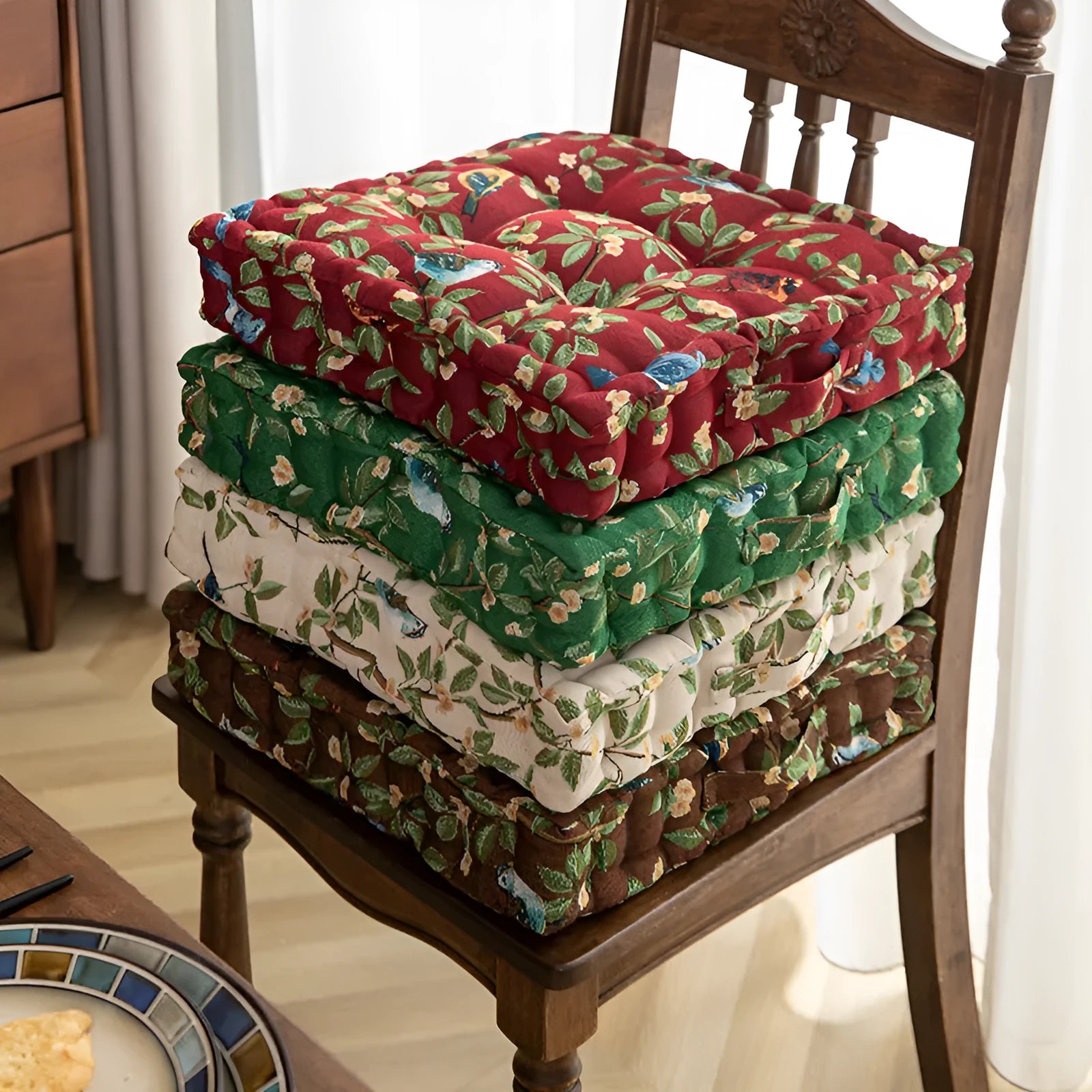 American-style square dining chair back cushion with floral pattern showing 8cm thickness