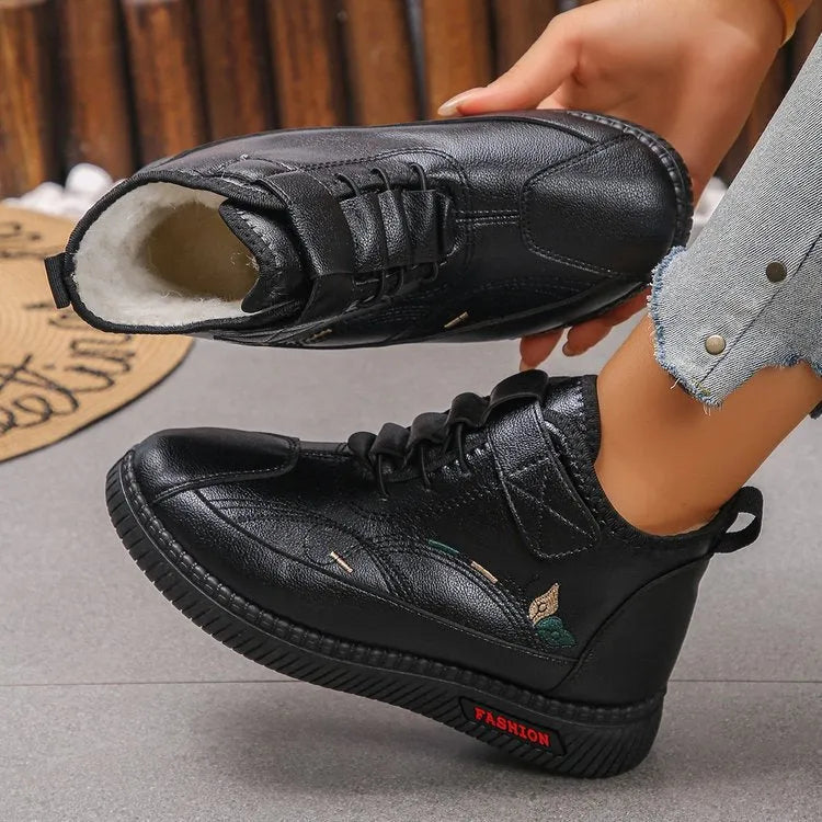 Women's black and red velvet cotton house shoes with rubber sole and hollow-out detailing