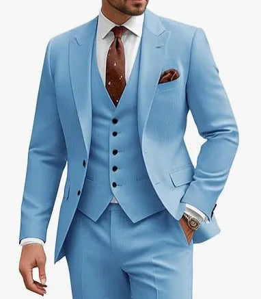 Men's slim fit three-piece suit in a choice of nine colours, shown on a hanger.
