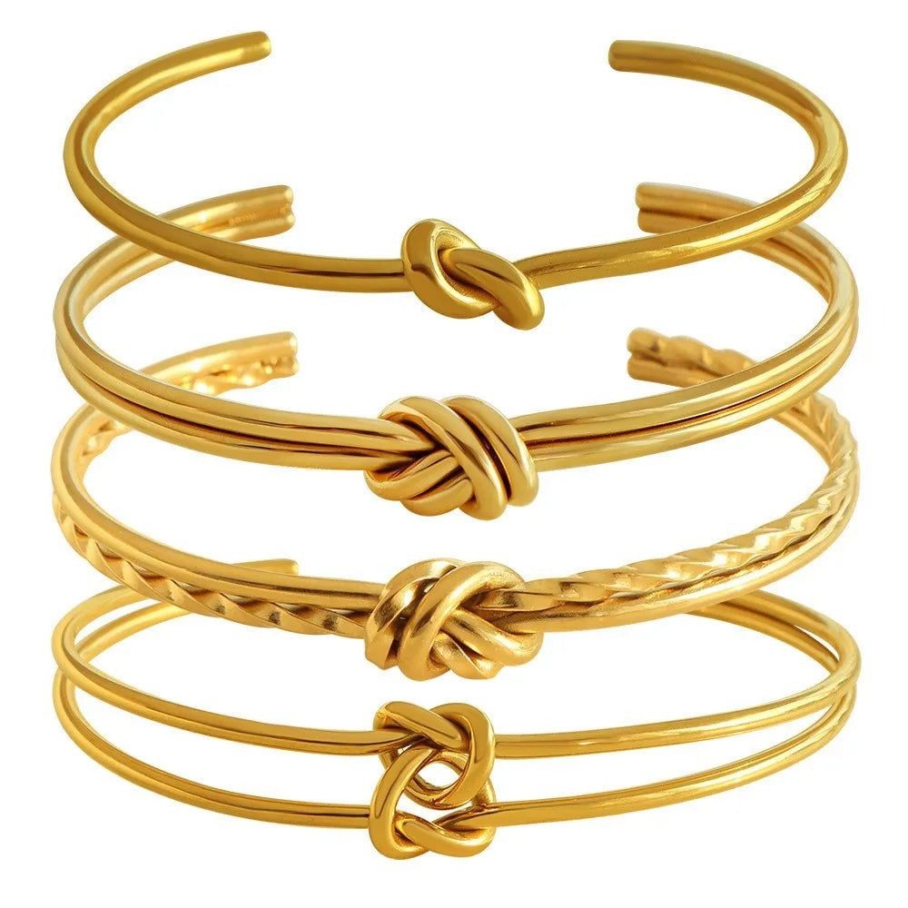 Women's adjustable knotted C-shaped open double-layer stainless steel bracelet with gold plating