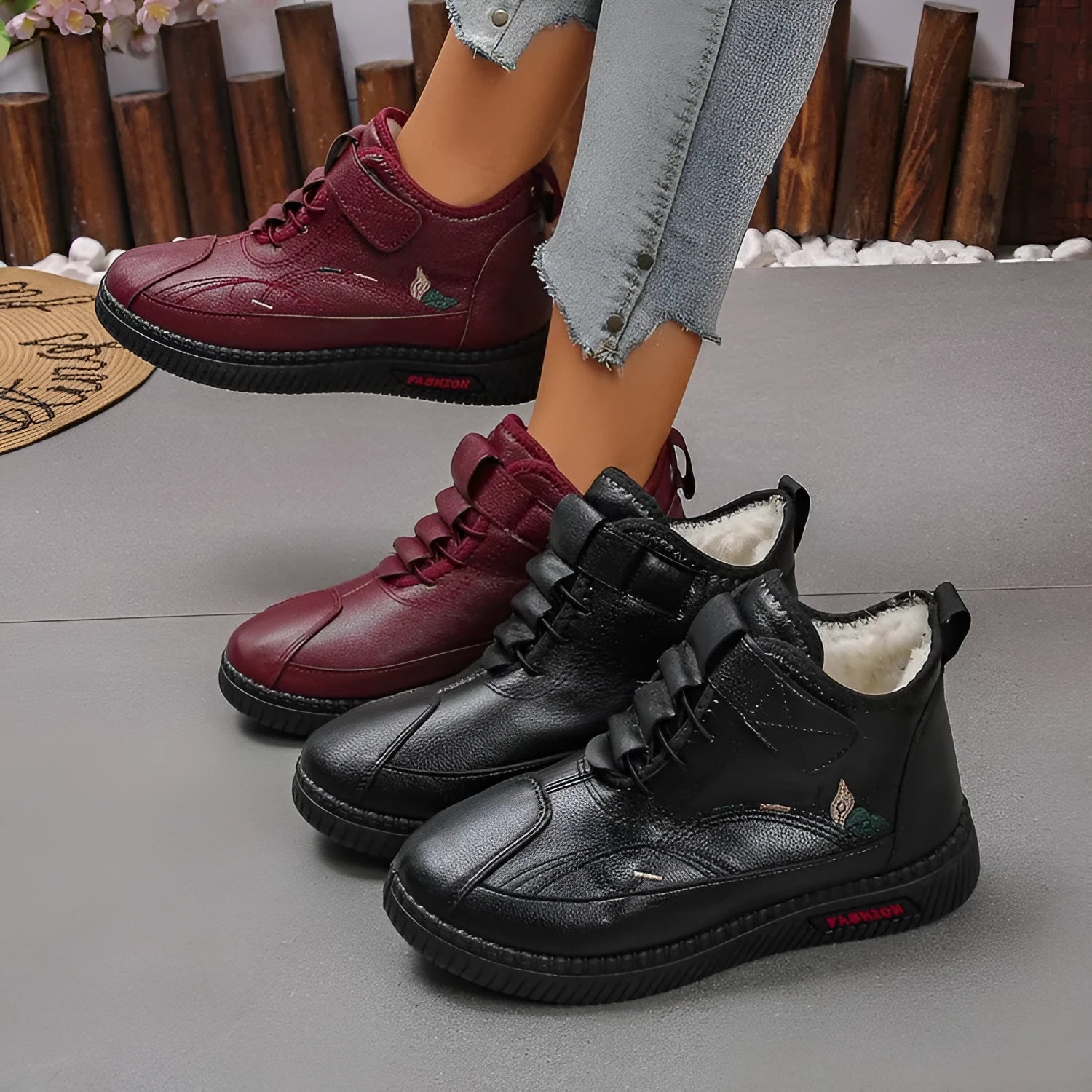 Women's black and red velvet cotton house shoes with rubber sole and hollow-out detailing