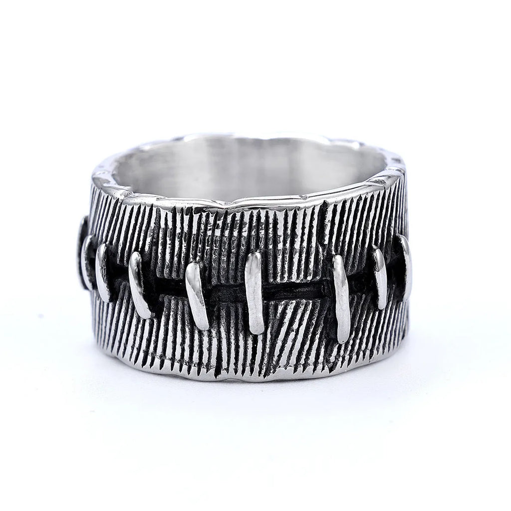 Dark punk style titanium steel ring with stitched geometric U-shape double ring design in retro colour.