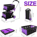 Foldable plastic shopping trolley with double-layer basket shown in blue, purple, pink, and red colour options.