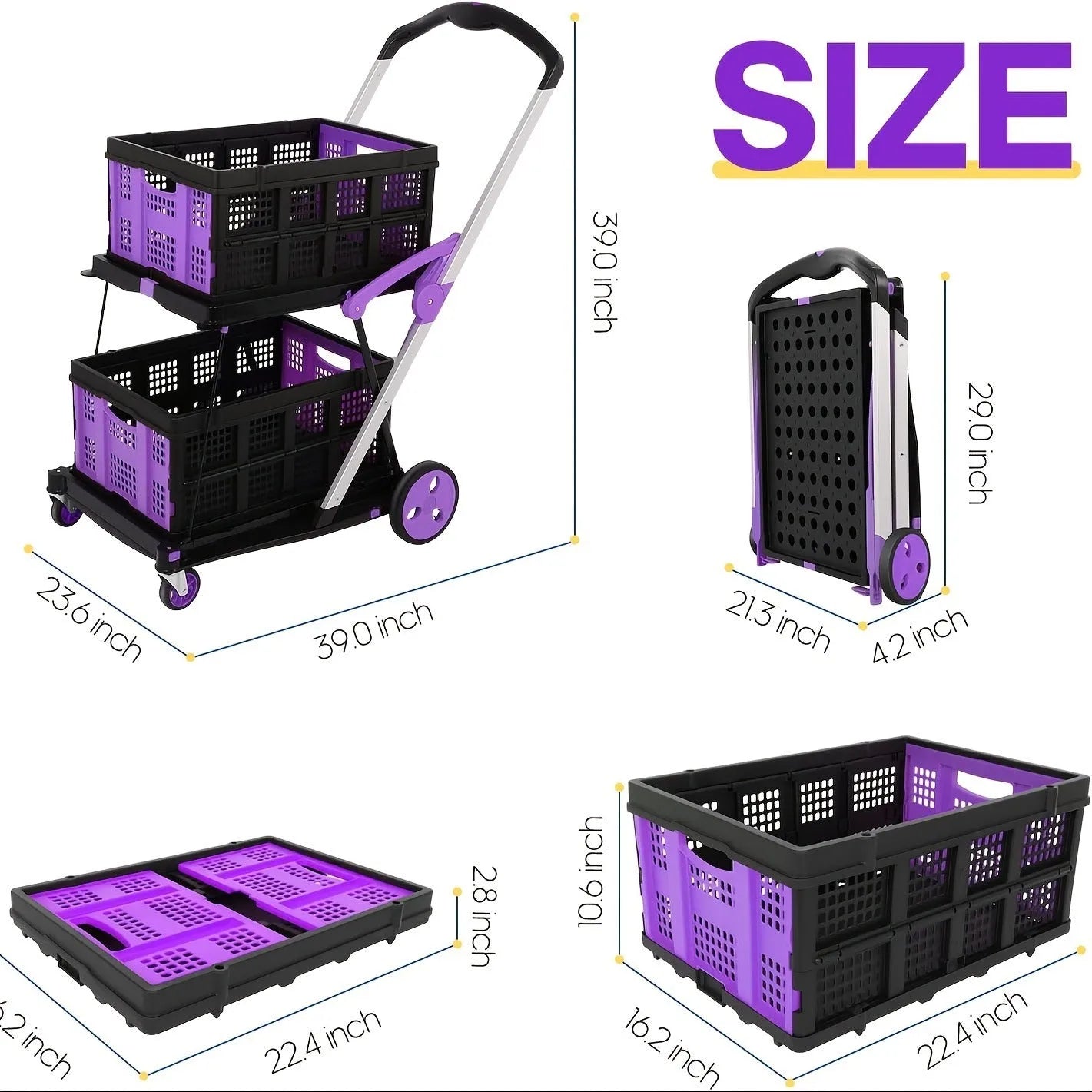 Foldable plastic shopping trolley with double-layer basket shown in blue, purple, pink, and red colour options.