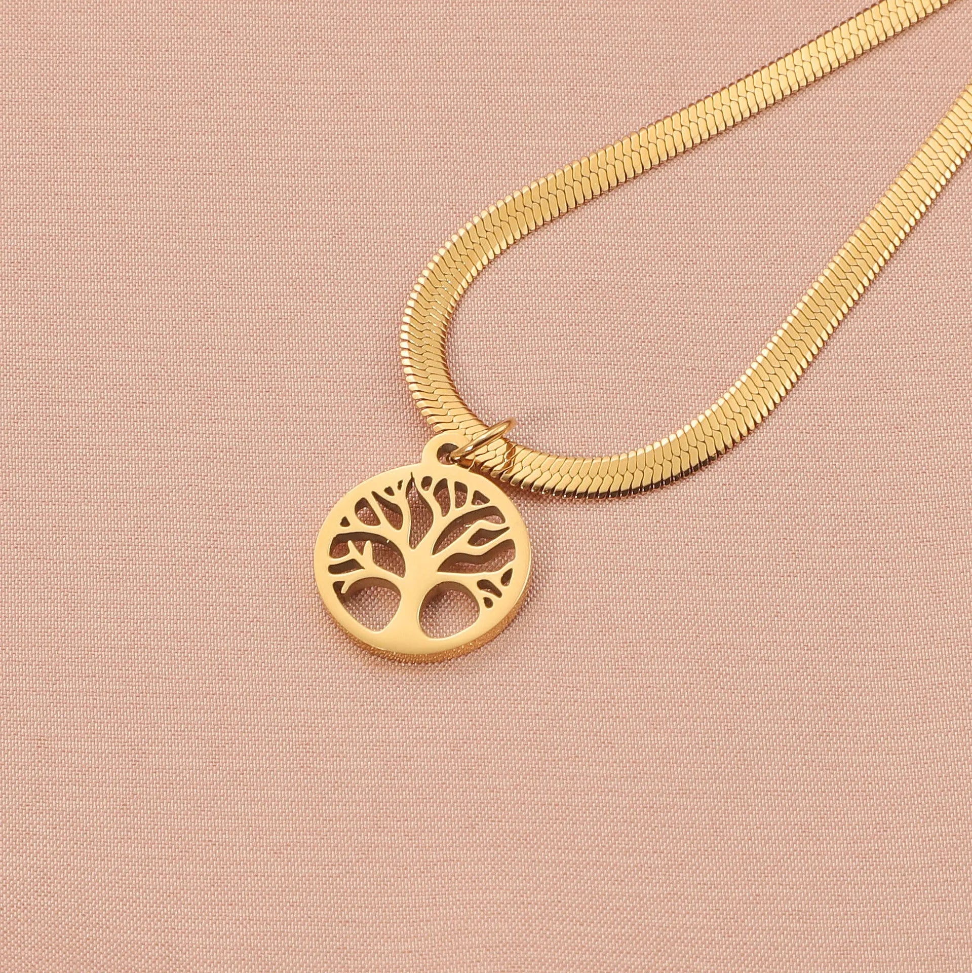 Stainless steel lucky tree pendant necklace on adjustable snake bone chain