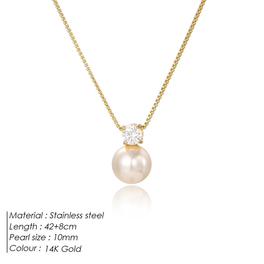 Women's stainless steel necklace with imitation pearl and zircon pendant in New Chinese style