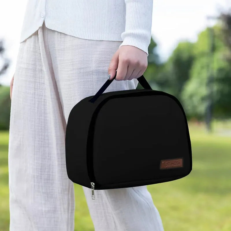 Textured cloth insulated lunch bag in sapphire blue colour with large capacity for a bento box.