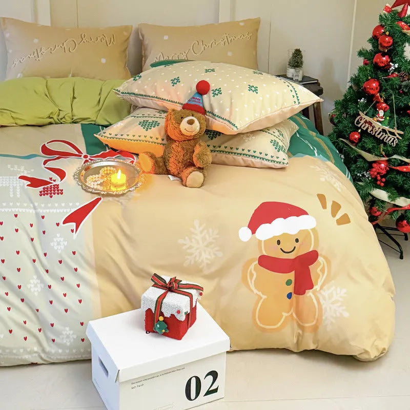 Christmas bedding four-piece set with cartoon print including sheet, quilt cover and pillowcases