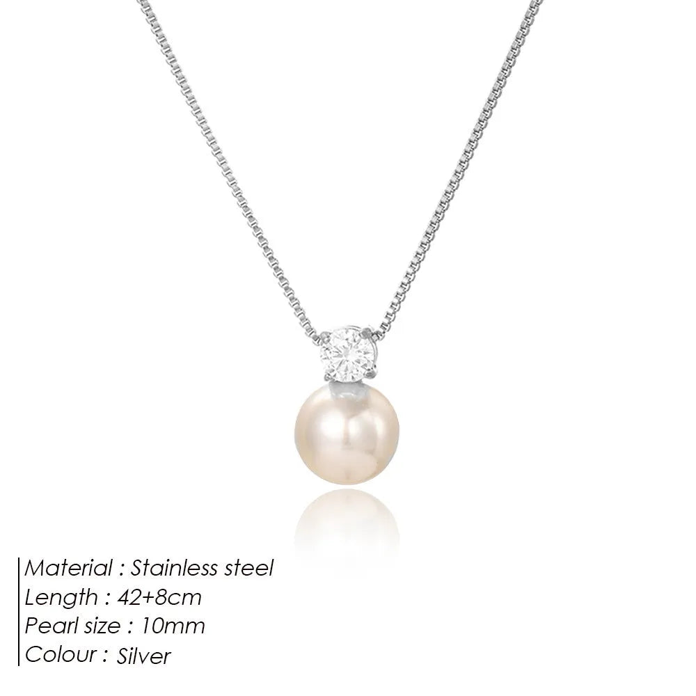 Women's stainless steel necklace with imitation pearl and zircon pendant in New Chinese style