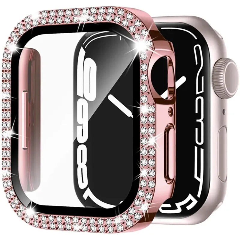 Apple Watch case with double diamond glass in rose pink, gold, and silver colour options on a table.
