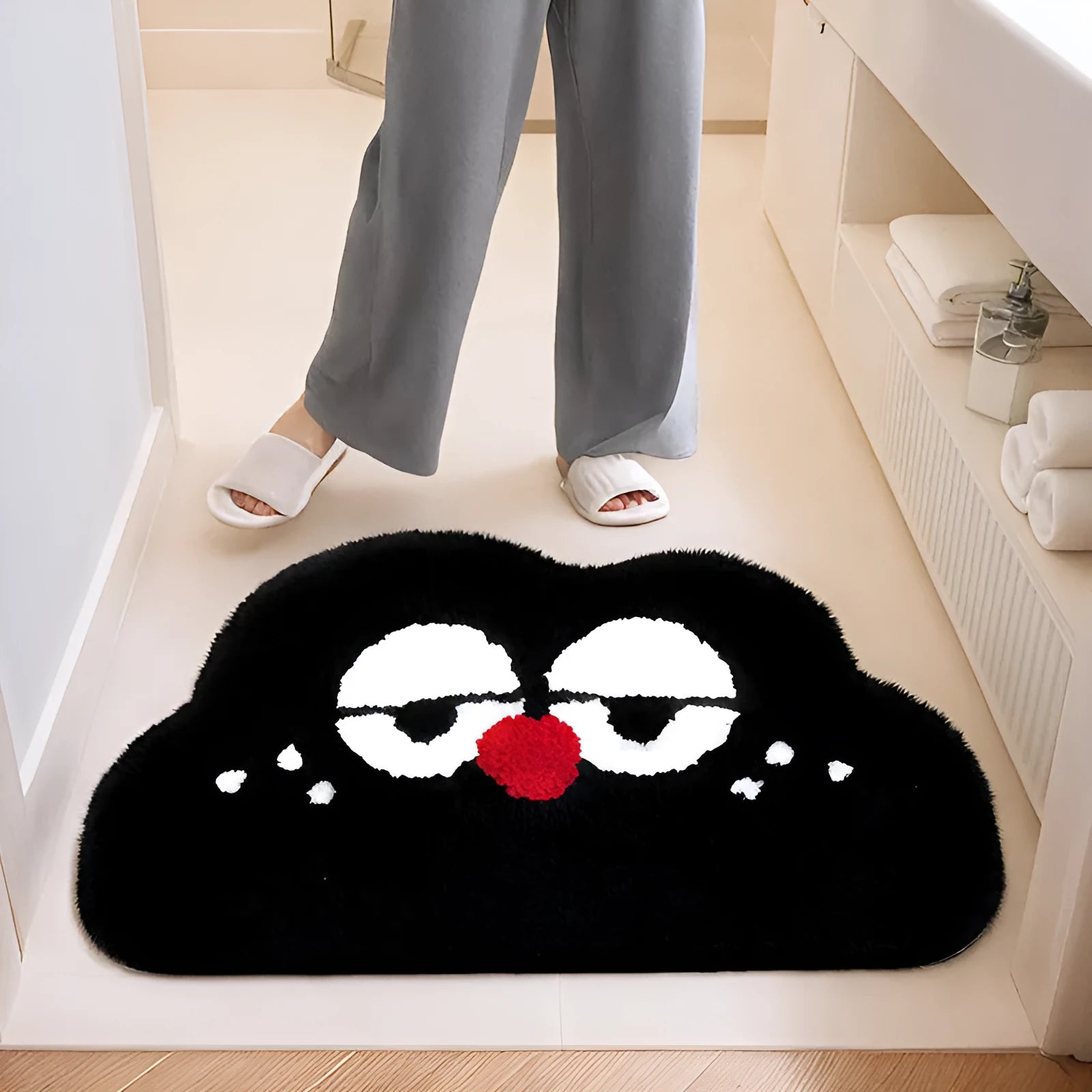 Cartoon anime print bathroom mat in green, blue, pink, black, or white colour options.
