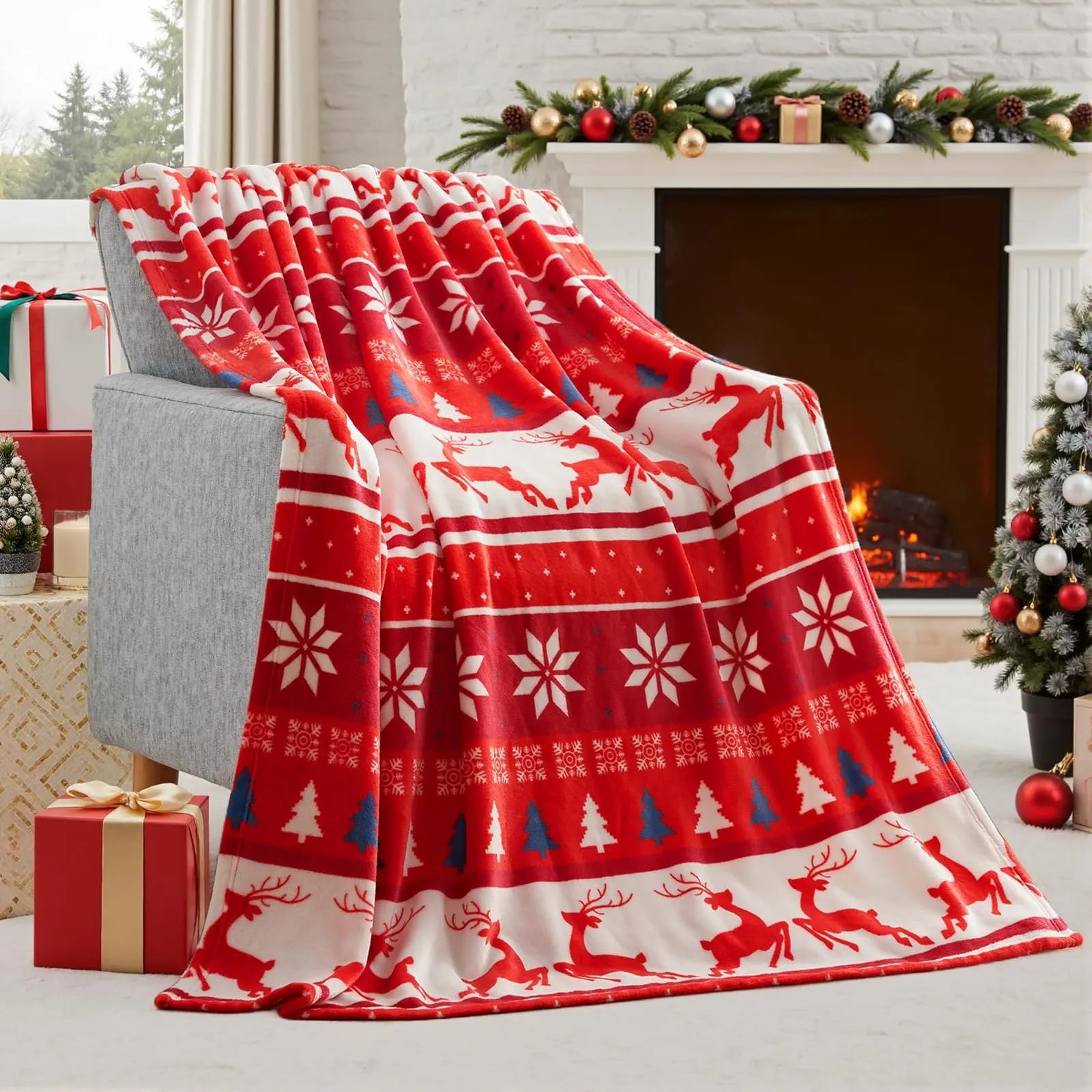 Soft flannel and plush polyester Christmas blanket in multiple size options