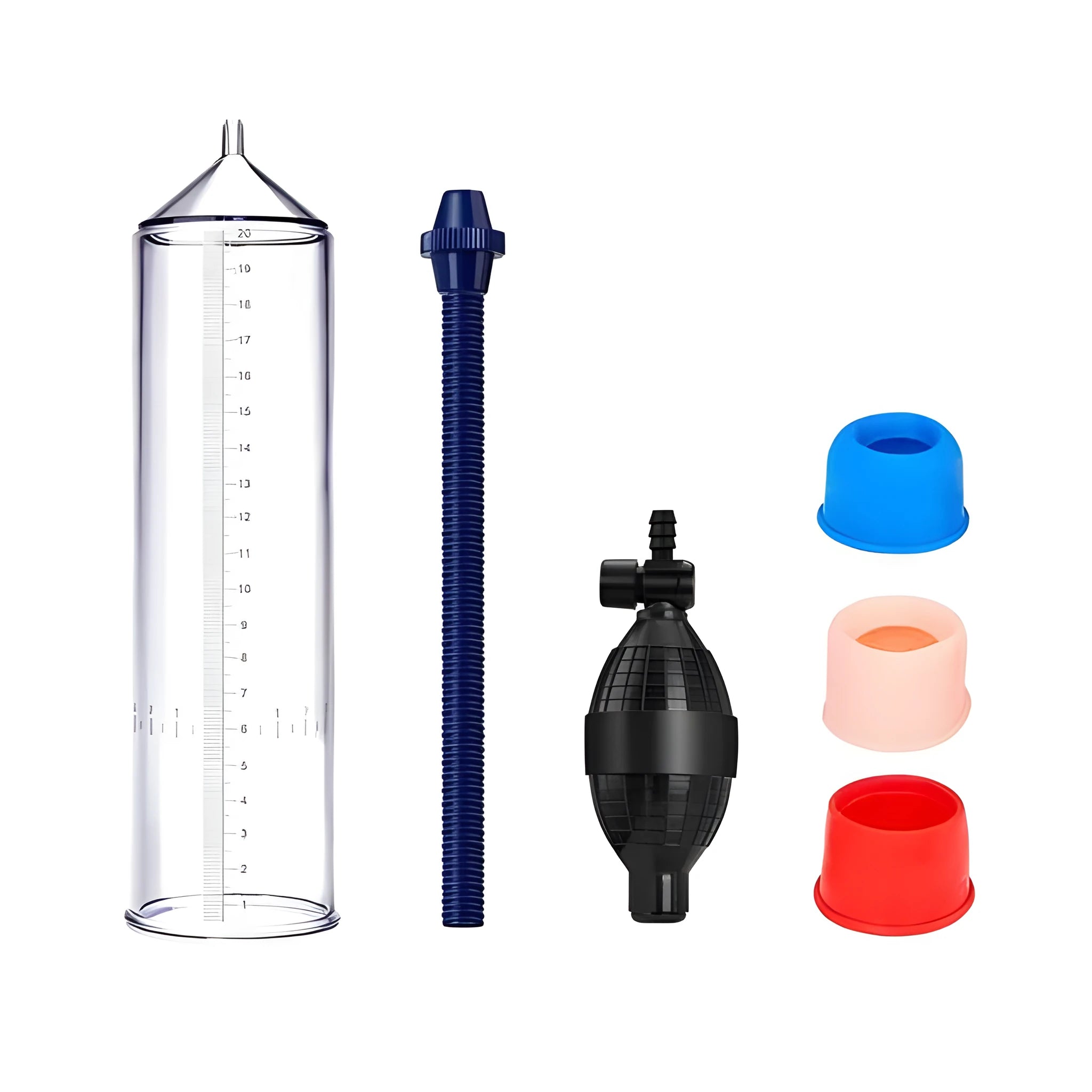 Customised silicone cover accessory for male exercise machine with plastic valve exerciser and connecting parts.