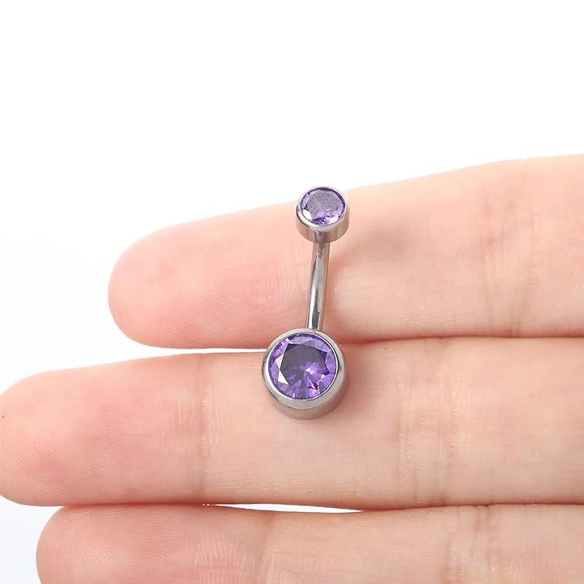 Titanium alloy double-headed zircon navel stud with internal thread closure in multiple sizes