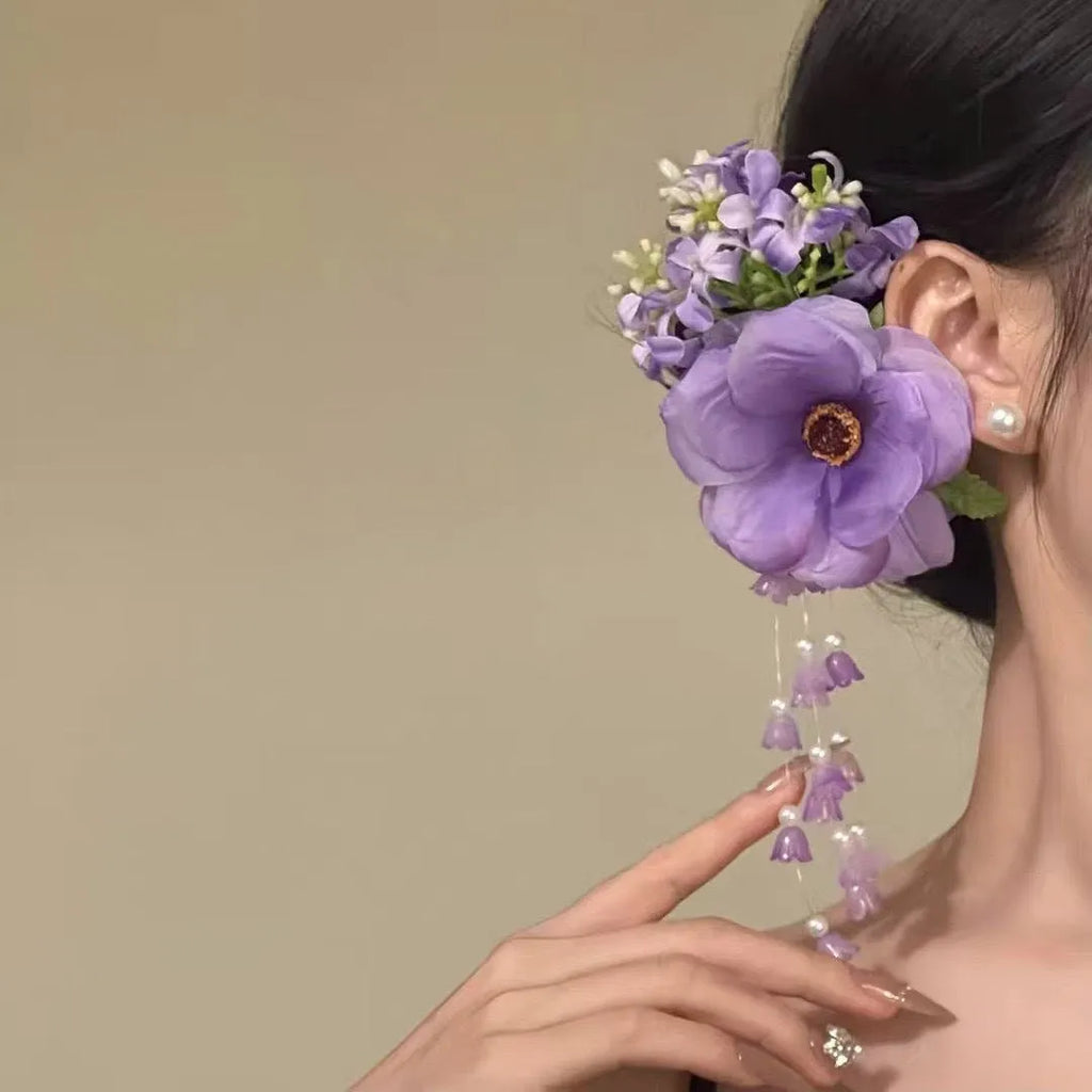 Handmade women's hairclip with flower tassels in purple or yellow colour options