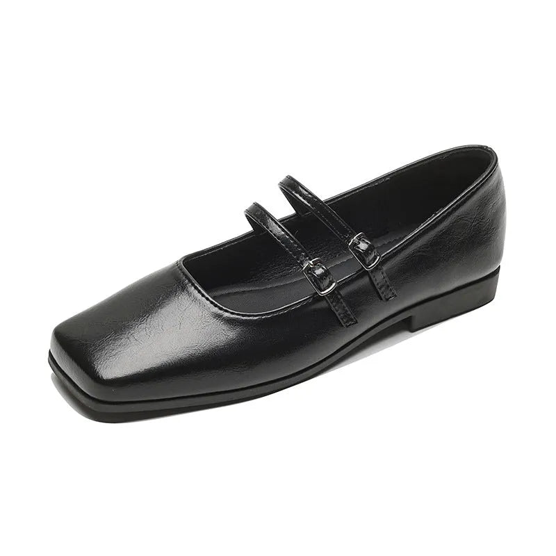 Genuine leather women's ballet slipper pumps with cross-buckle strap in silver colour