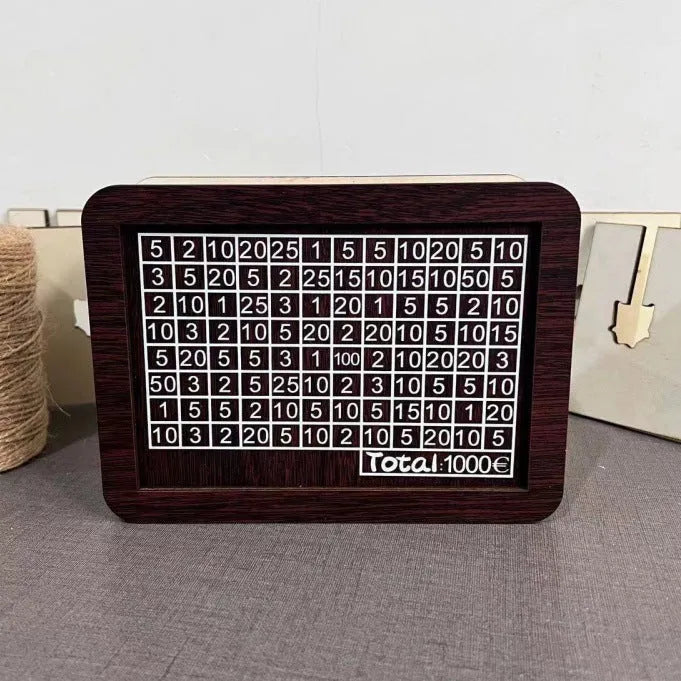 Wooden digital coin bank with a retro design and selectable currency library options including 1000 yuan and cat designs.