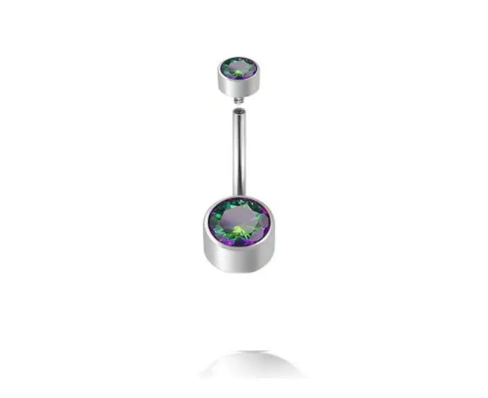 Titanium alloy double-headed zircon navel stud with internal thread closure in multiple sizes