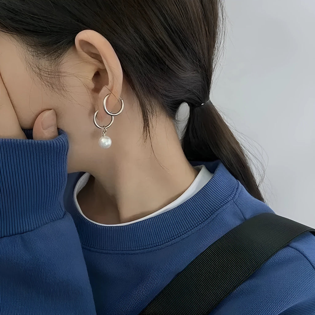 Geometric alloy pearl drop earrings with titanium steel posts and round pearl decorative elements