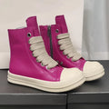 Genuine leather high-top sneakers with side zipper in black, shown on a casual outfit.