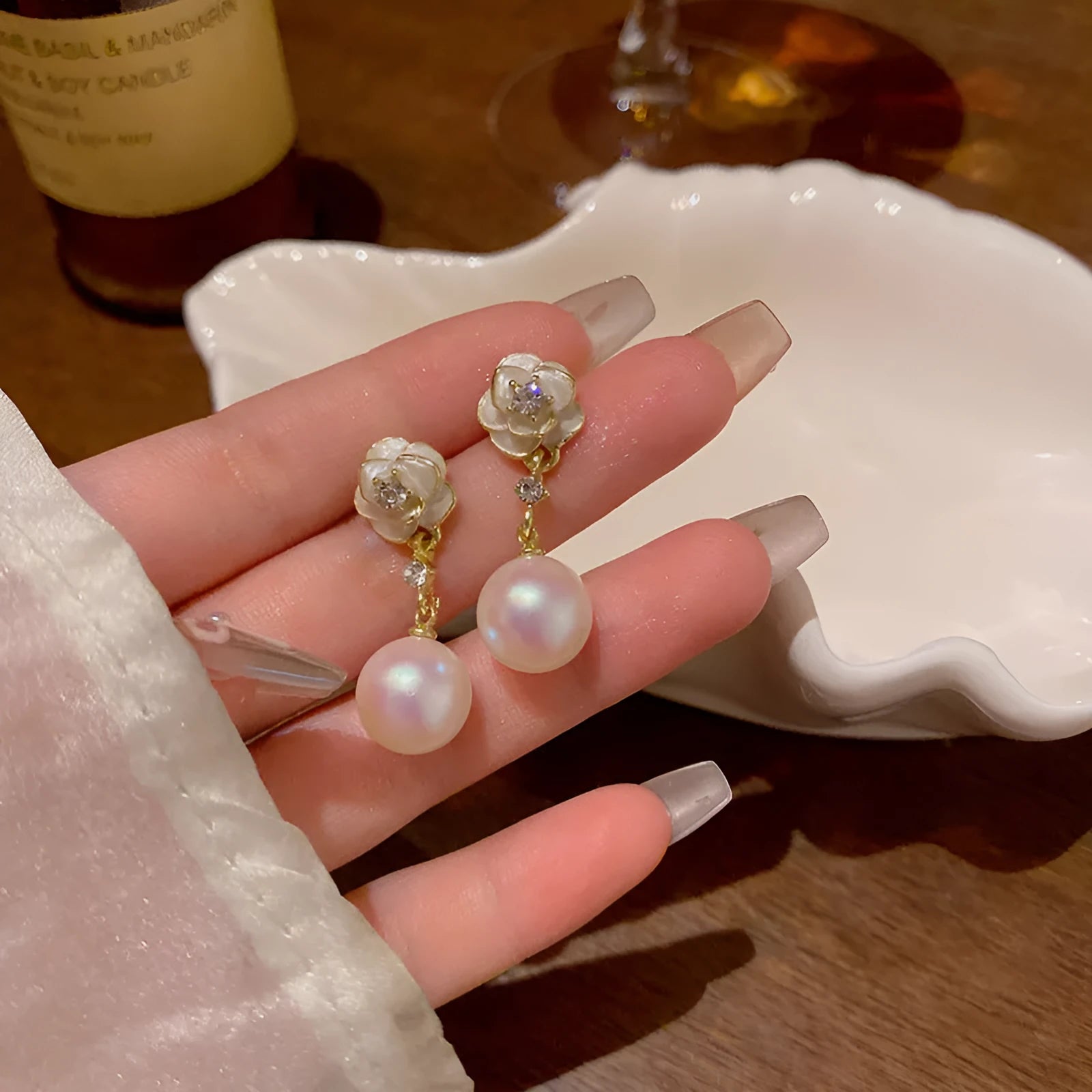 Camellia flower stud earrings for women with alloy blossom design