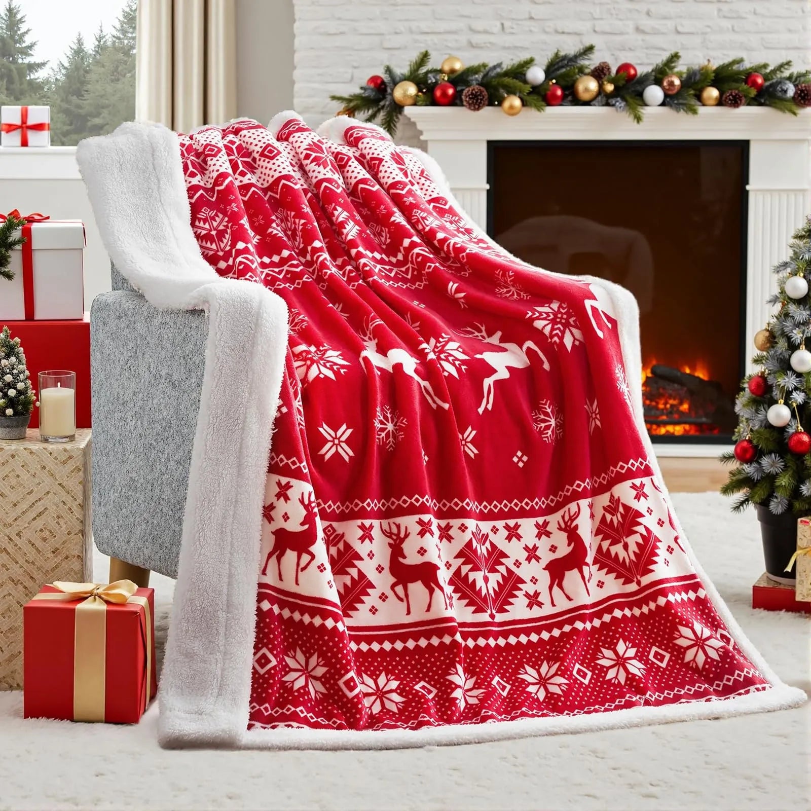 Soft flannel and plush polyester Christmas blanket in multiple size options