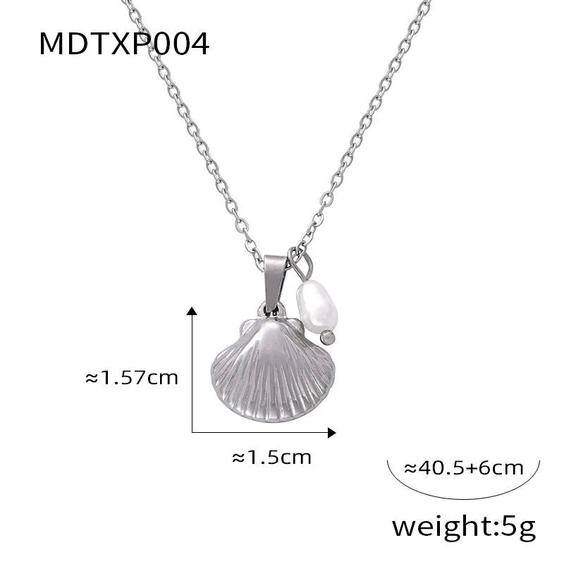Gold titanium steel women's necklace featuring a French vintage shell pendant with freshwater pearl beads on an O-chain.