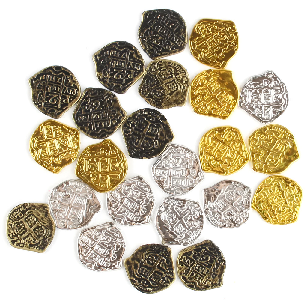 Set of 100 plastic replica Roman pirate coins with gold, silver, or bronze electroplated finishes.