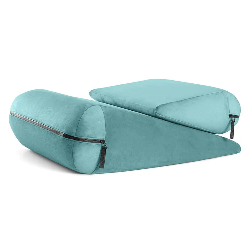 High density sponge triangle pillow in Lake Blue with embroidery detail