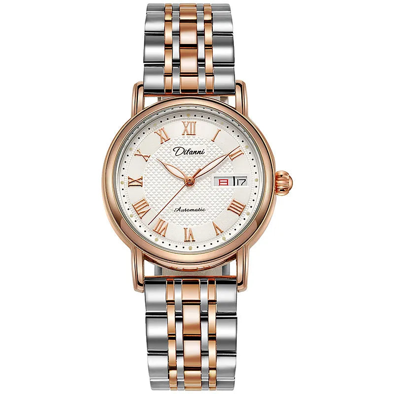 Women's automatic mechanical watch with 12mm thickness showing multiple colour strap and dial options