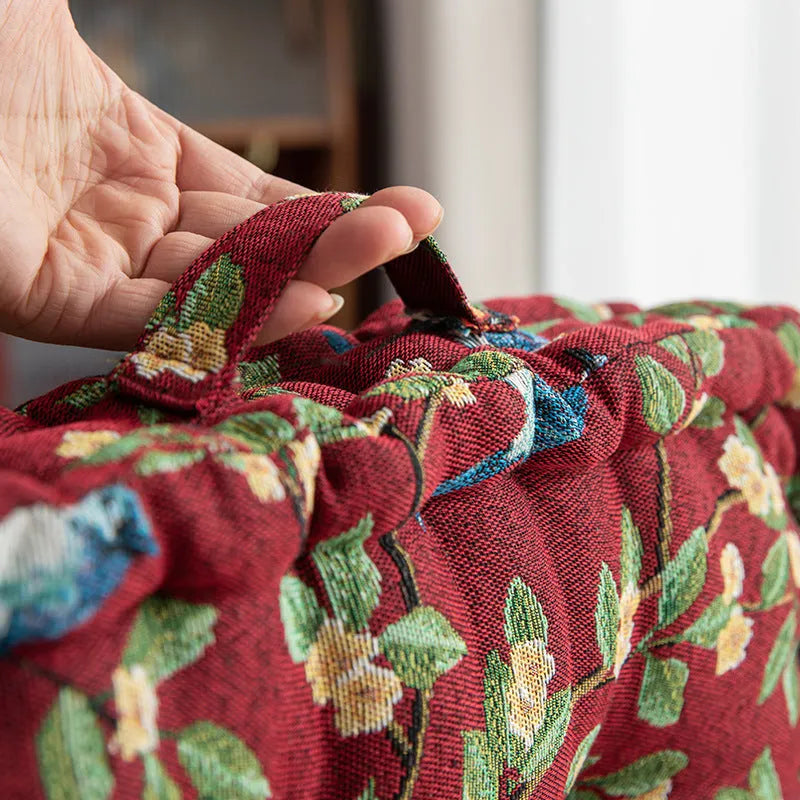 American-style square dining chair back cushion with floral pattern showing 8cm thickness