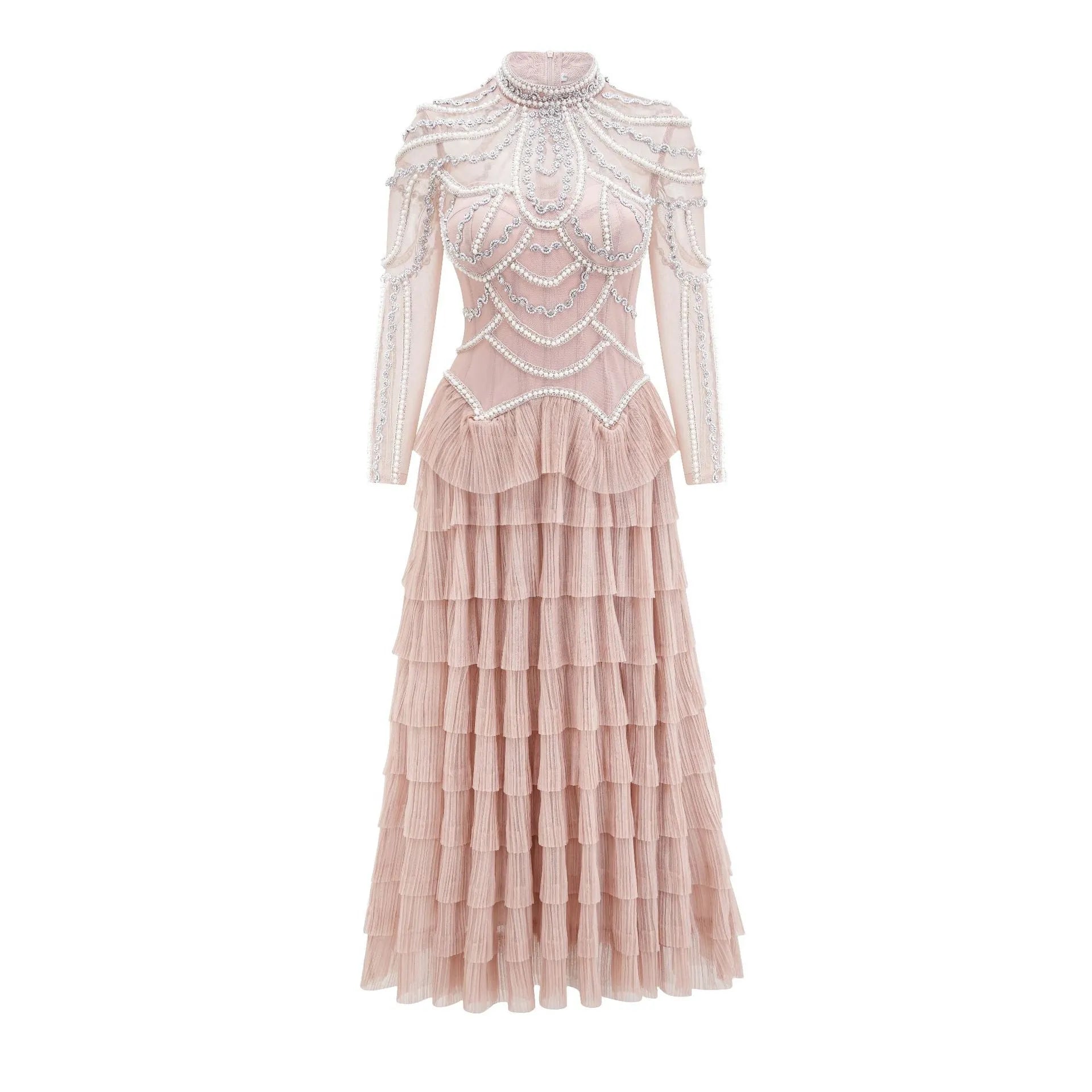 Women's black polyester beaded dress with three-dimensional decoration and long sleeves