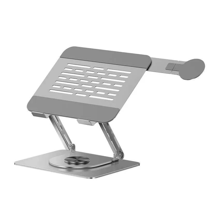 Silver carbon steel laptop stand with side-mounted rotatable magnetic phone holder