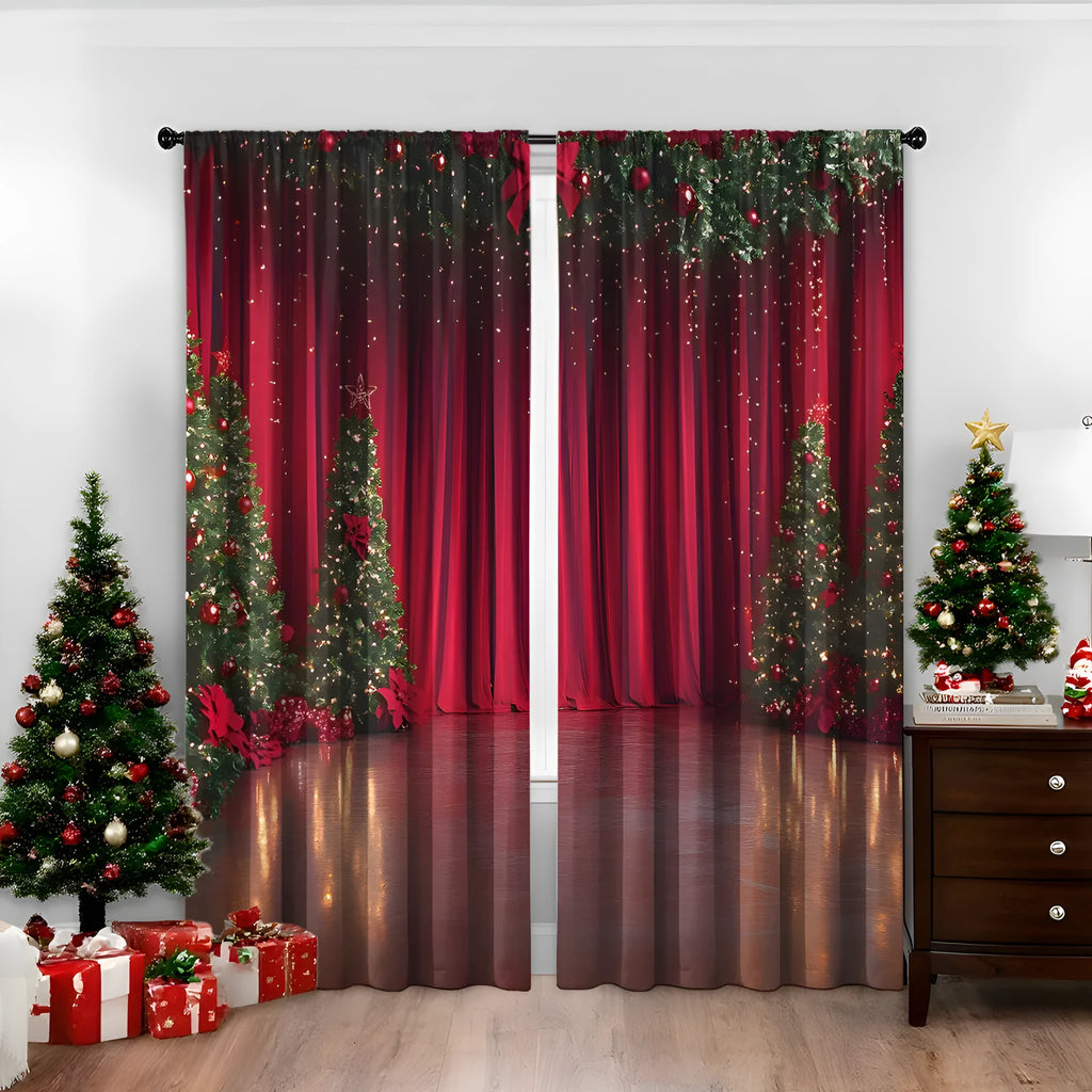 Pair of 3D printed Christmas pattern curtains in polyester fabric on a window.